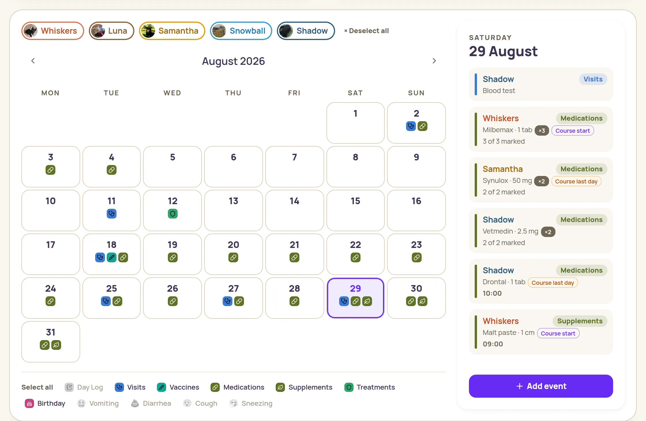Month calendar in Pet Tracker Space: every pet's events as icons by day, with the selected day's panel