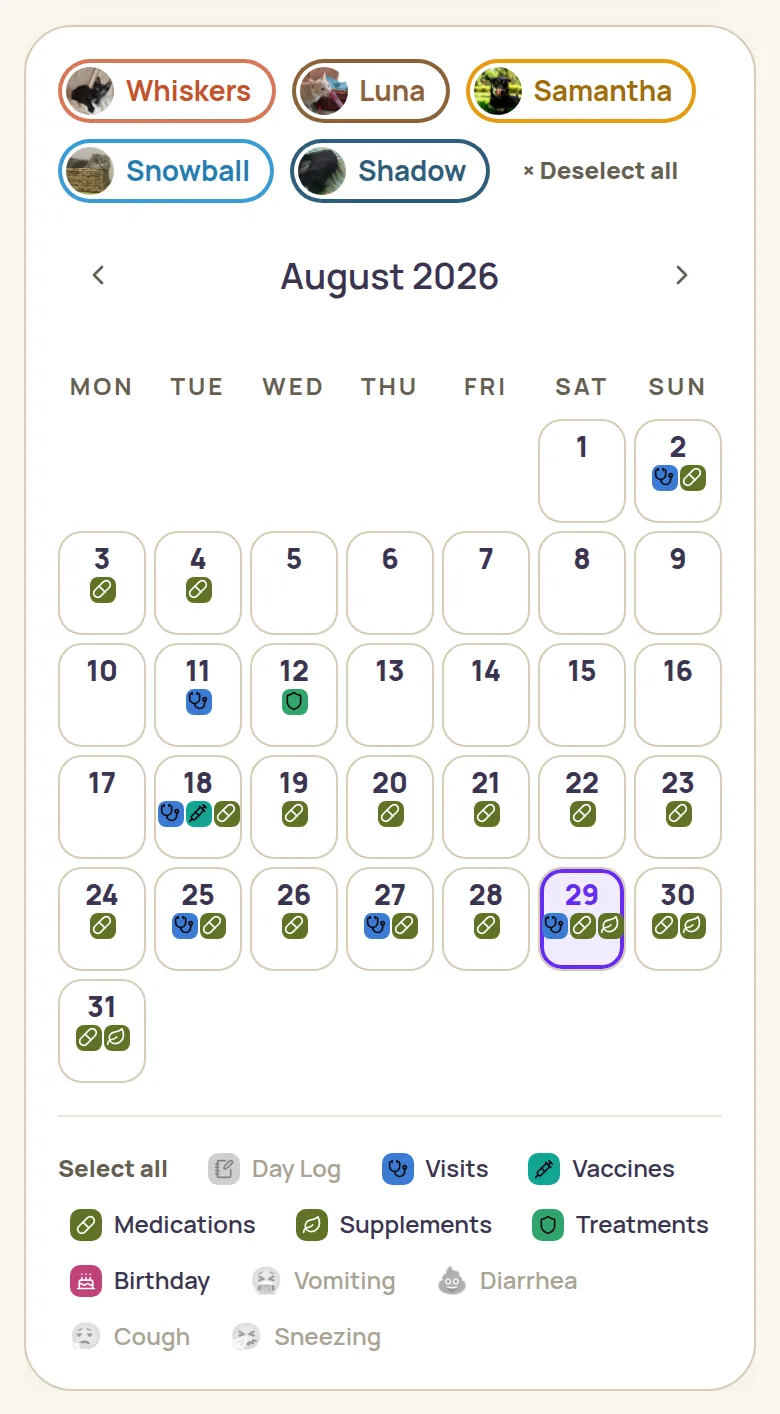 Month calendar in Pet Tracker Space: every pet's events as icons by day, with the selected day's panel