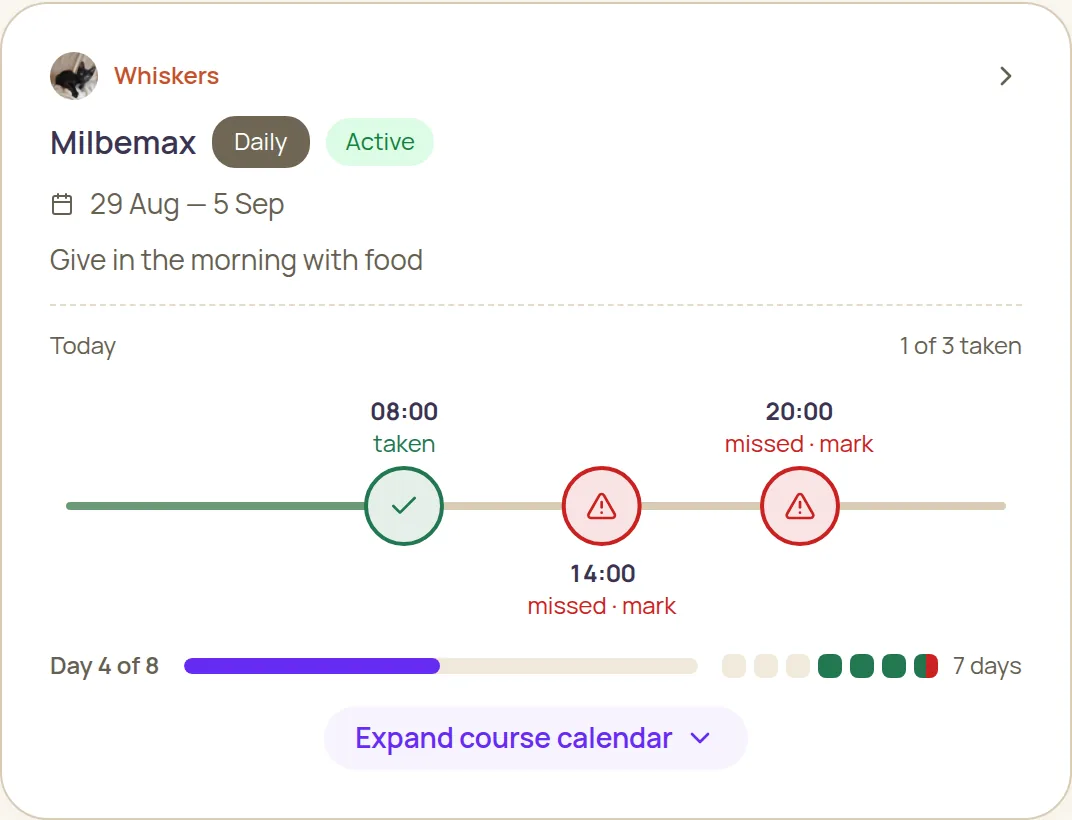 Medication course card with dose marks: taken, missed, next