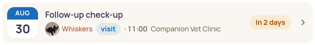 Upcoming event row with an "In 2 days" chip
